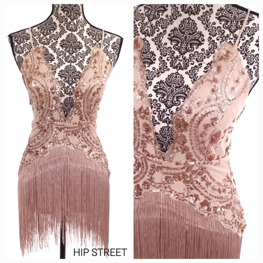 FASHION NOVA Sequin Netting & Long Fringe Nude Color Stretch Party Bodysuit XS